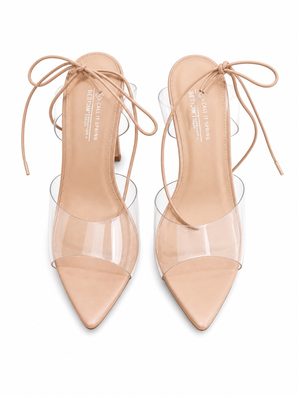 Call It Spring Nude Pointed-Toe Heels with Clear PVC Strap and Lace-Up Ankle